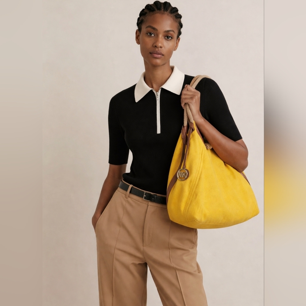 Michael Kors Yellow Suede Shoulder Hobo Bag with Tan Leather Trim